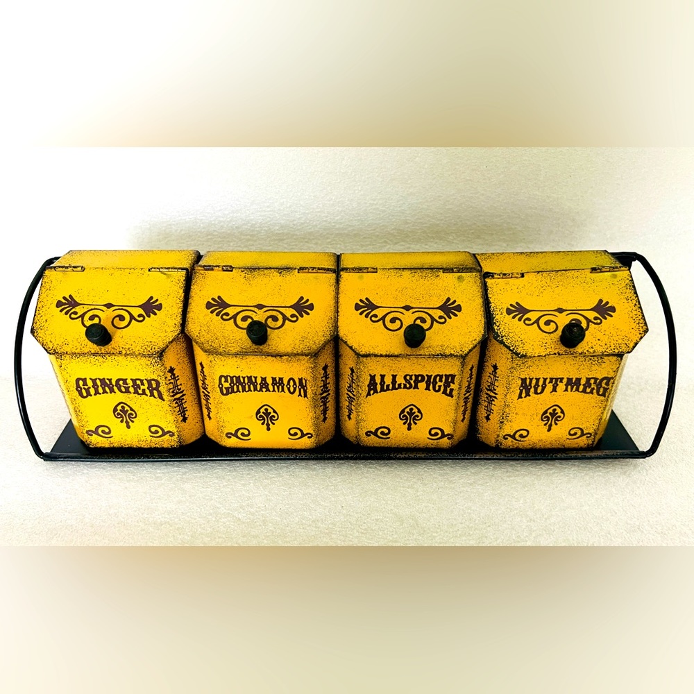 Vintage tin spice containers with rack - can be hung on the wall too